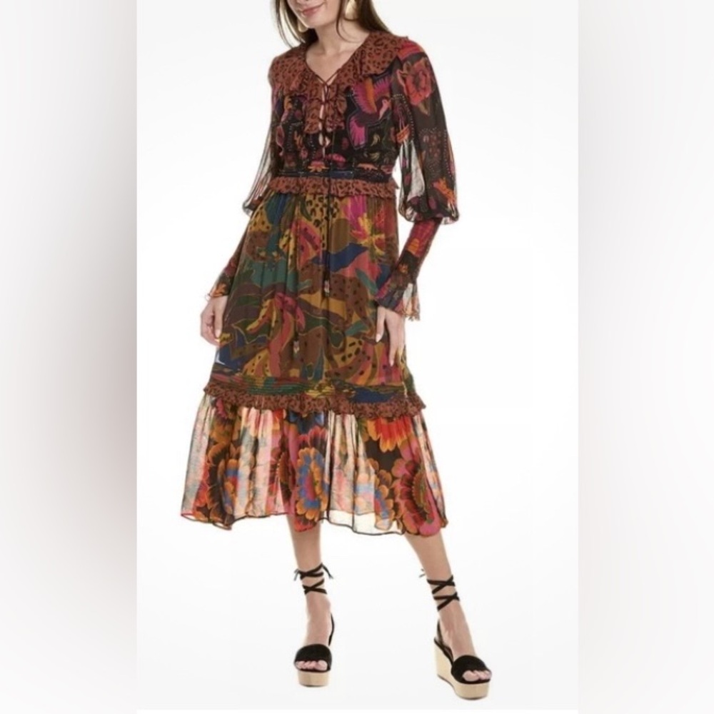 Farm Rio Mixed Leopards Jungle Lace up Romantic Midi Dress.